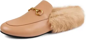 Mules for Women, Round Toe Backless Slip On Mule Flats Loafers Backless Faux Fur Slides Mules Shoes
