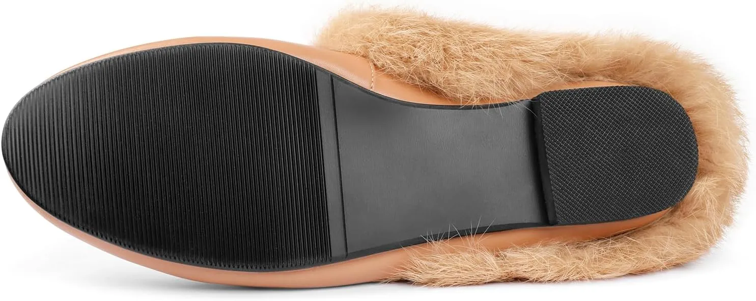 Mules for Women, Round Toe Backless Slip On Mule Flats Loafers Backless Faux Fur Slides Mules Shoes