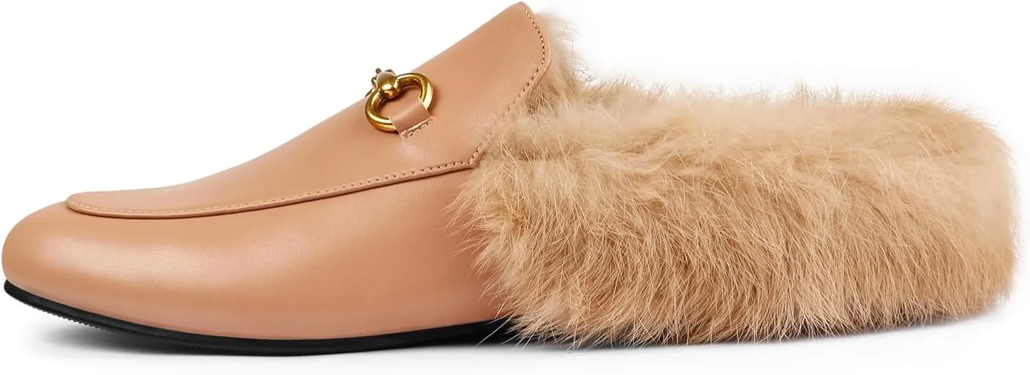Mules for Women, Round Toe Backless Slip On Mule Flats Loafers Backless Faux Fur Slides Mules Shoes