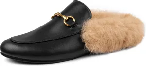 Mules for Women, Round Toe Backless Slip On Mule Flats Loafers Backless Faux Fur Slides Mules Shoes