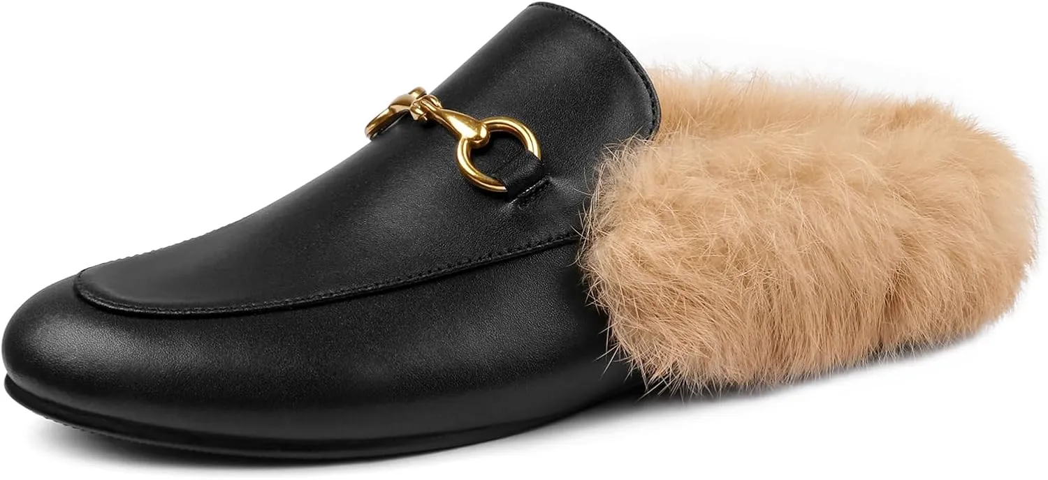 Mules for Women, Round Toe Backless Slip On Mule Flats Loafers Backless Faux Fur Slides Mules Shoes