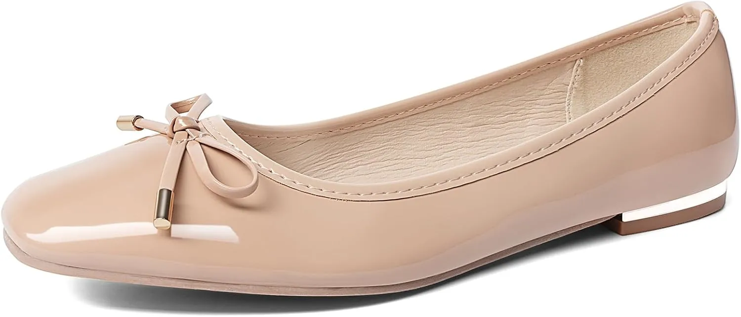 MUSSHOE Women's Ballet Flats Shoes Dressy Comfortable Square Toe Patent Flat with Bow