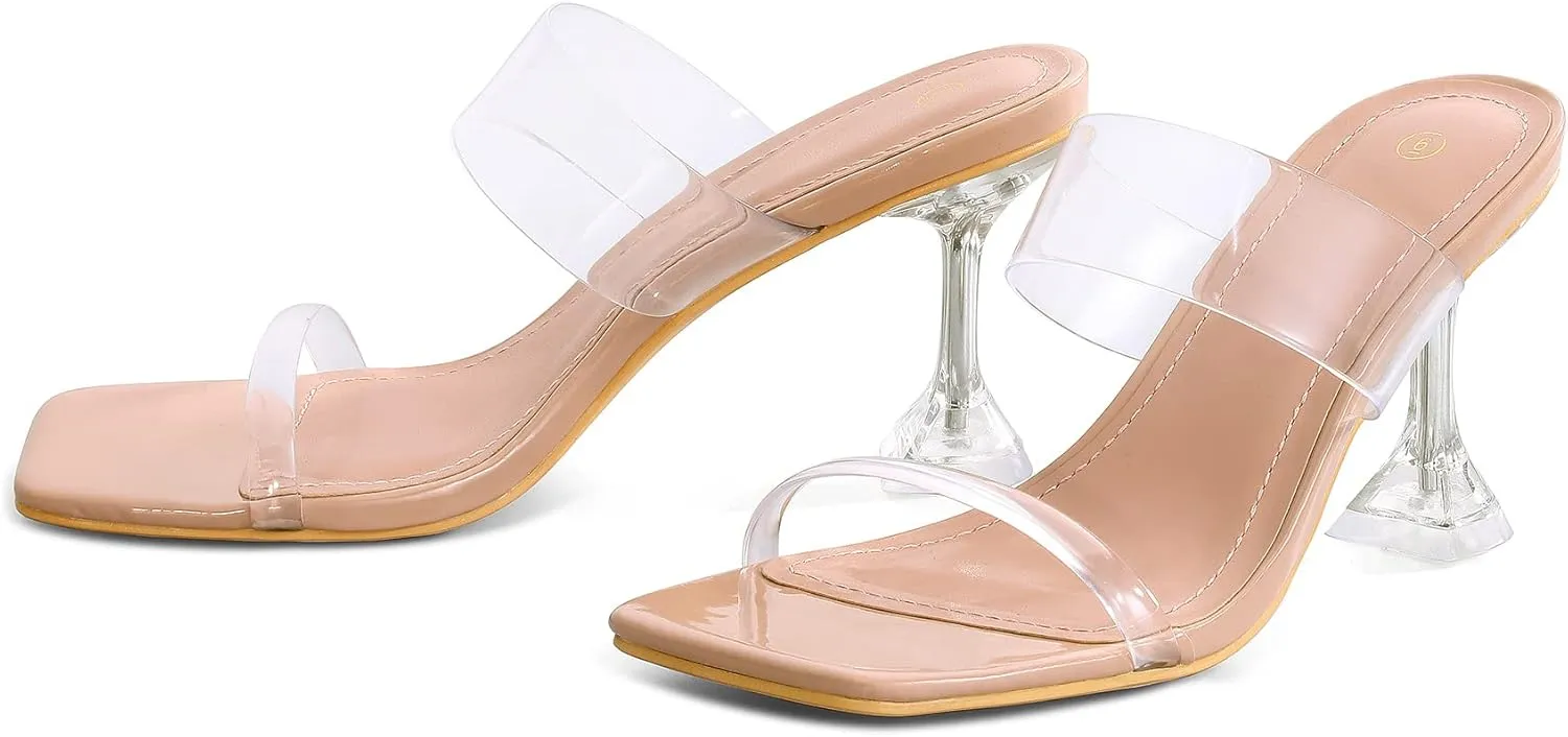 mysoft Women's Clear Heeled Sandals Square Toe Transparent Stiletto Mules Open Toe Slip on Dress Shoes