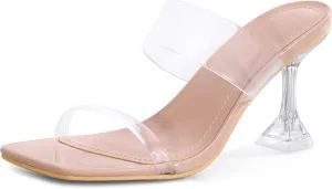 mysoft Women's Clear Heeled Sandals Square Toe Transparent Stiletto Mules Open Toe Slip on Dress Shoes