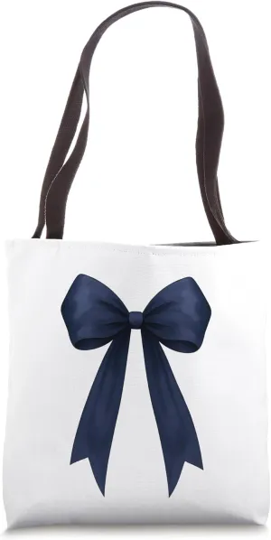 Navy Blue Ribbon Aesthetic Cute Girly Bow Tote Bag