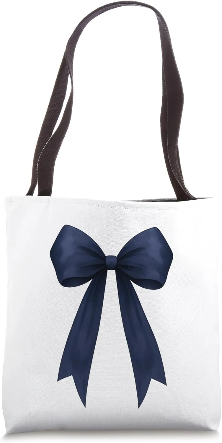 Navy Blue Ribbon Aesthetic Cute Girly Bow Tote Bag