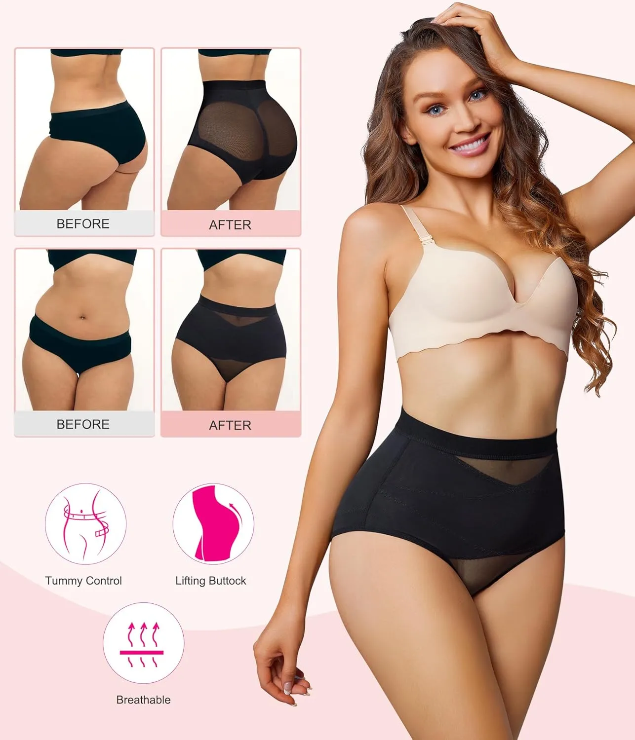 Nebility 2 Piece Tummy Control Shapewear Butt Lifting Underwear for Women Lower Belly Waist Trainer Seamless Faja Body Shaper