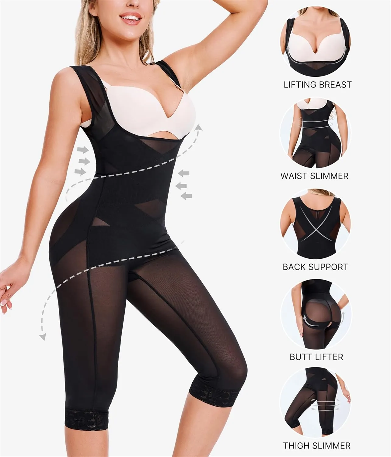 Nebility Bodysuit for Women Tummy Control Shapewear Faja Body Shaper Waist Trainer Open Bust Mid-Thigh Bodysuit