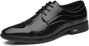 New Dress Oxford for Men Lace Up Crocodile Embossed Cap Toe Shoes Vegan Leather Low Top Anti-Slip Block Heel Non Slip Resistant Prom
