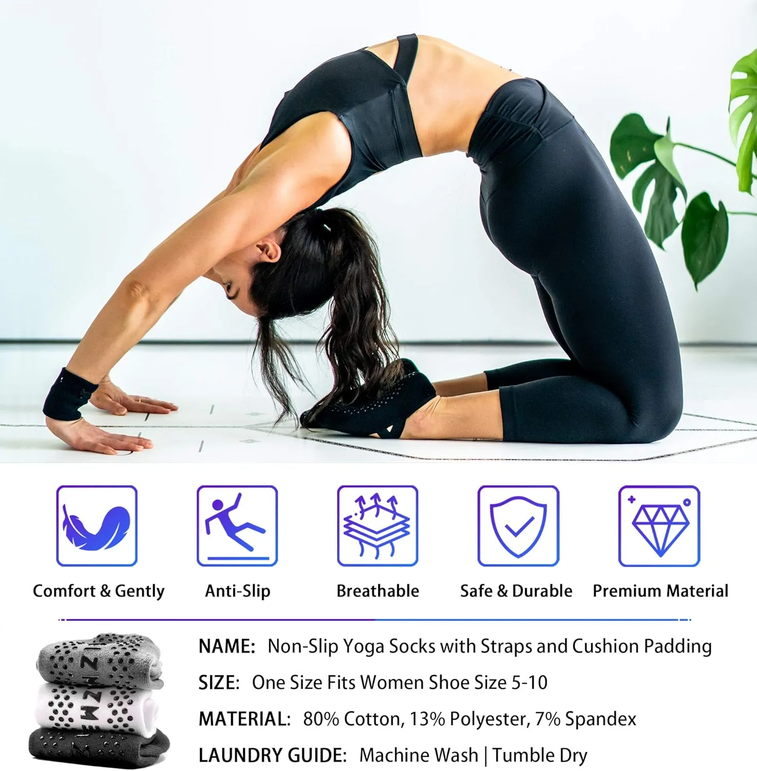 NEWZILL 2024 Non Slip Yoga Socks for Women, Grips Socks with Cushion for Pilates Barre Ballet Dance Hospital (3 Pairs)