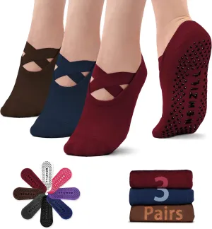 NEWZILL 2024 Non Slip Yoga Socks for Women, Grips Socks with Cushion for Pilates Barre Ballet Dance Hospital (3 Pairs)