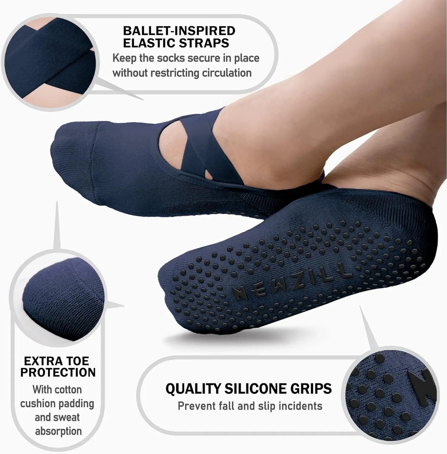 NEWZILL 2024 Non Slip Yoga Socks for Women, Grips Socks with Cushion for Pilates Barre Ballet Dance Hospital (3 Pairs)