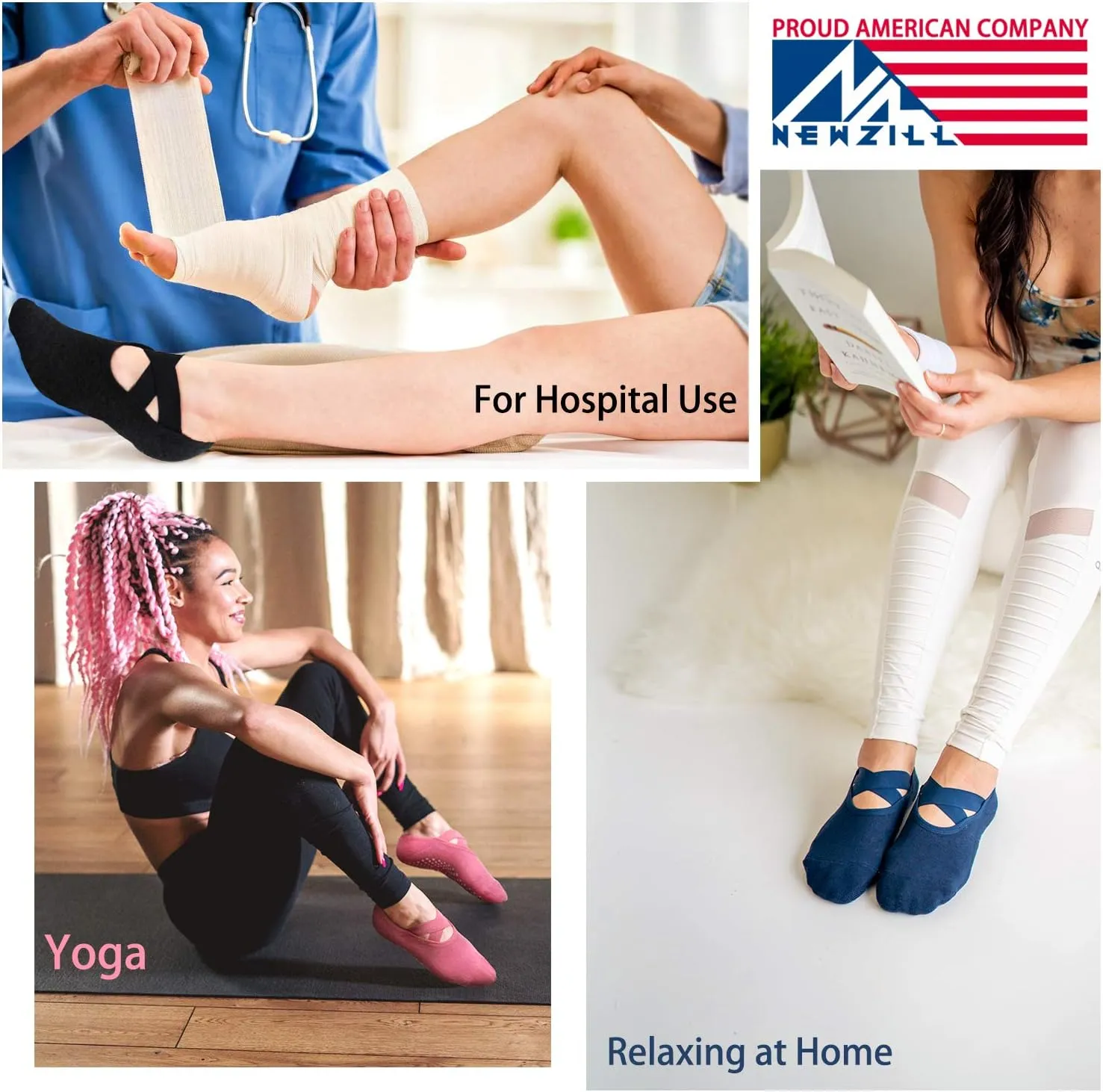 NEWZILL 2024 Non Slip Yoga Socks for Women, Grips Socks with Cushion for Pilates Barre Ballet Dance Hospital (3 Pairs)