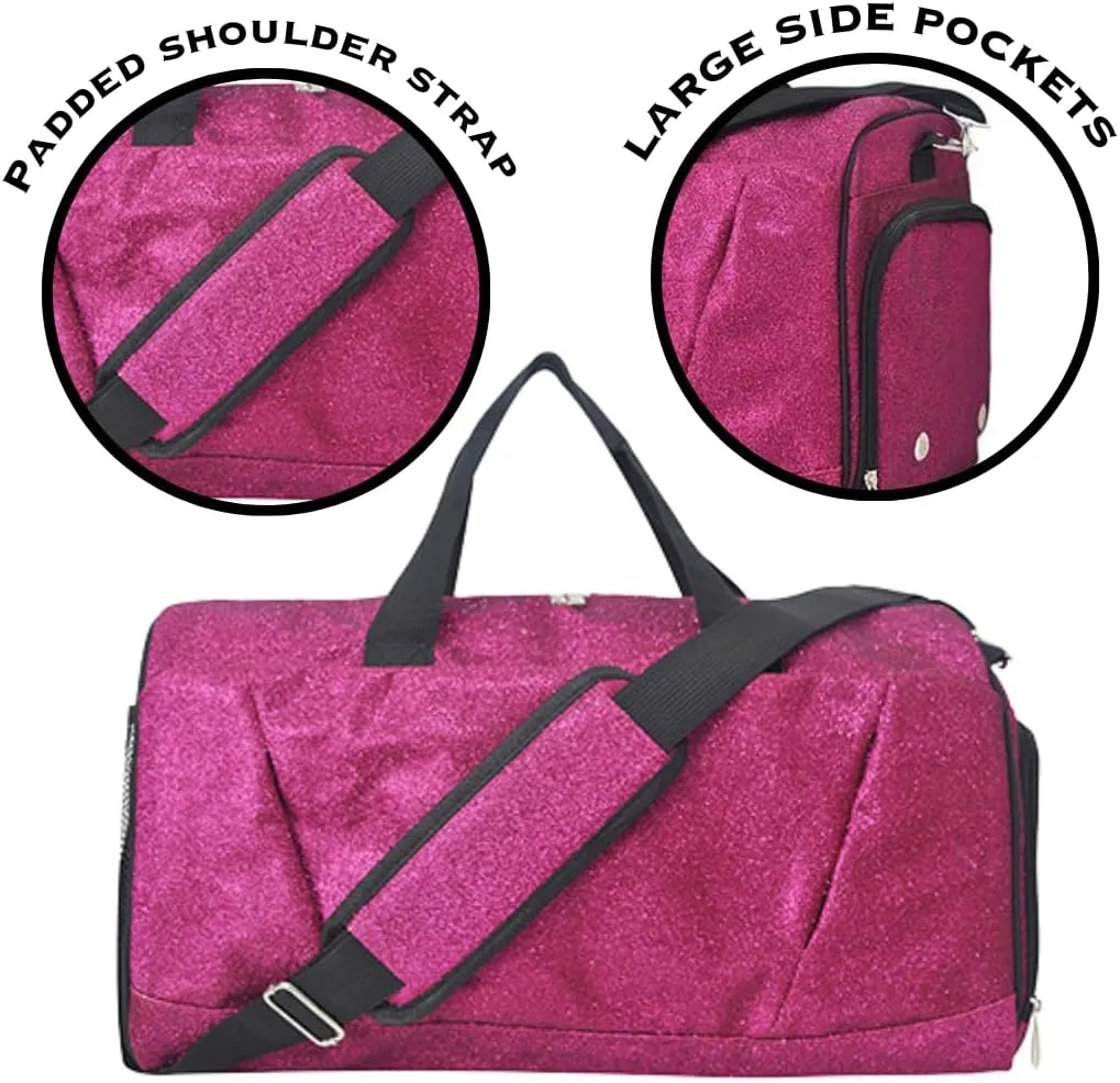 NGIL Glitter Cheers Sports Gym Duffel with Shoe Compartment and Small Carry on Travel Tote Bags for Women, Women Gym bag, Overnight bags for Women, Cheer Bag (Glitter-Hot Pink)