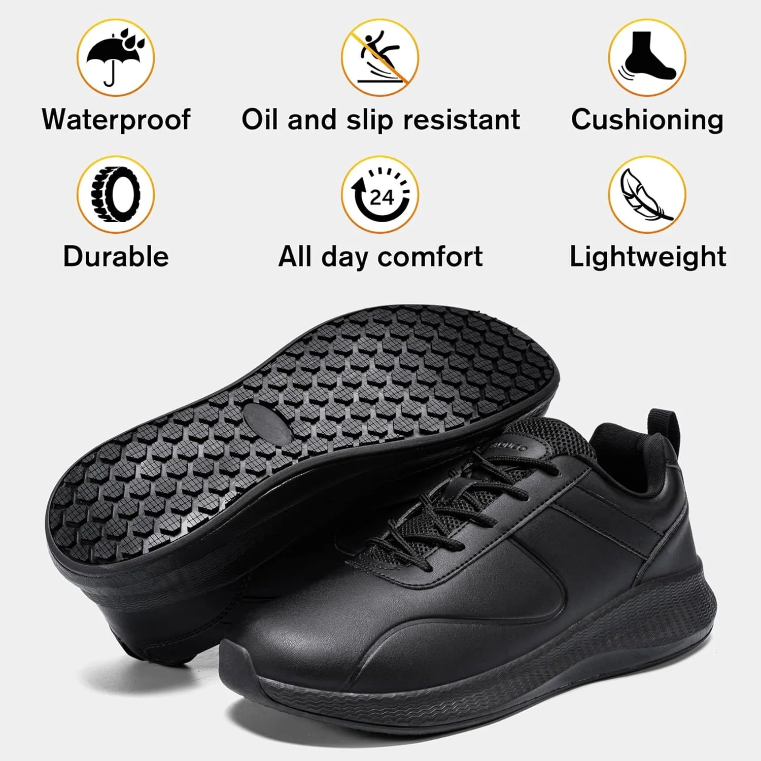 Non Slip Work Shoes for Mens Slip On Sneakers Waterproof Chef Kitchen Shoe Comfortable Slip Resistant Restaurant Footwear Hombre Zapatos de Trabajo, Black