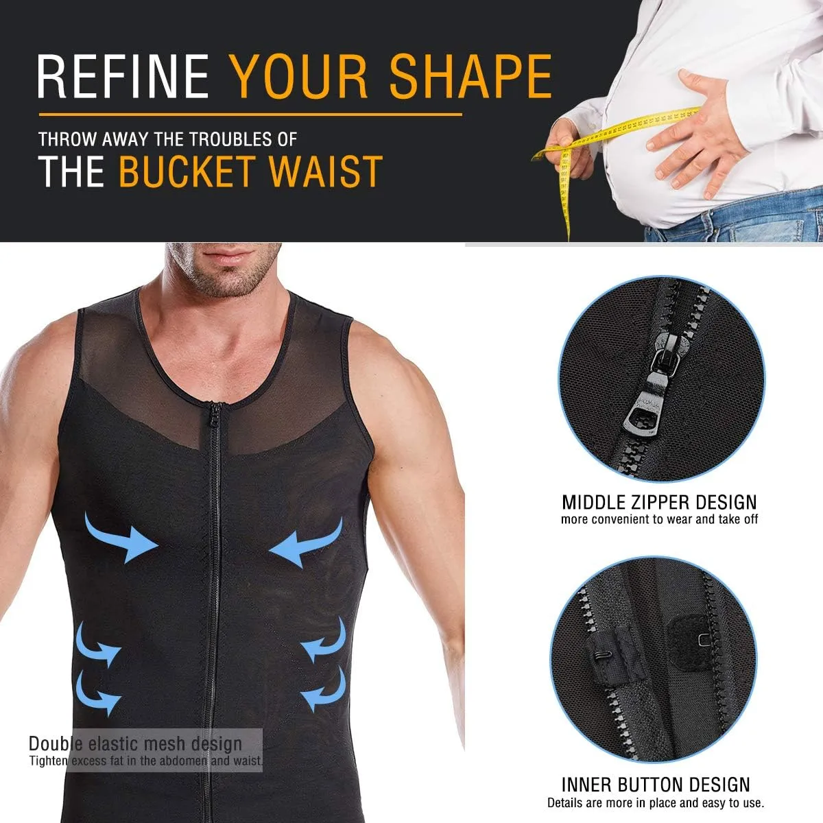 NonEcho Men Shapewear Compression Shirts Undershirts Slimming Body Shaper Waist Trainer Tank Top Vest with Zipper