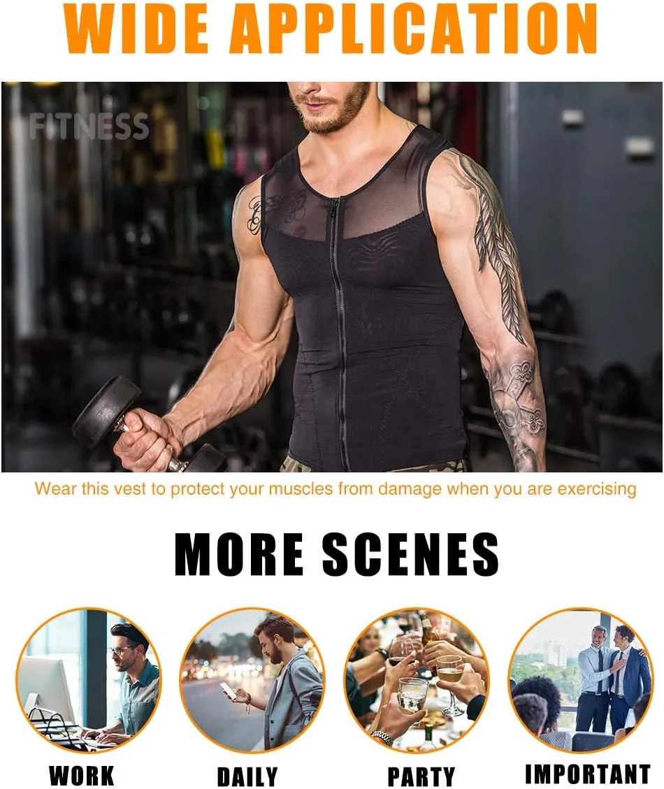 NonEcho Men Shapewear Compression Shirts Undershirts Slimming Body Shaper Waist Trainer Tank Top Vest with Zipper