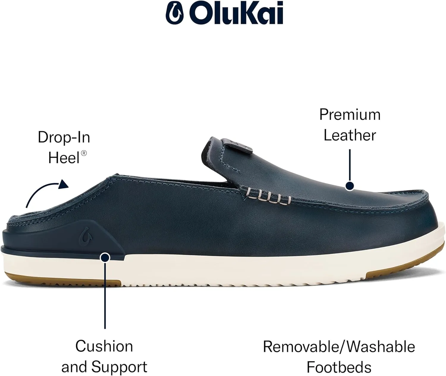 OLUKAI Kakaha Men's Slip-On Shoes, Full-Grain Leather Sneakers, Gel Insert for Comfort & Support, Comfort Fit & Wet Grip Rubber