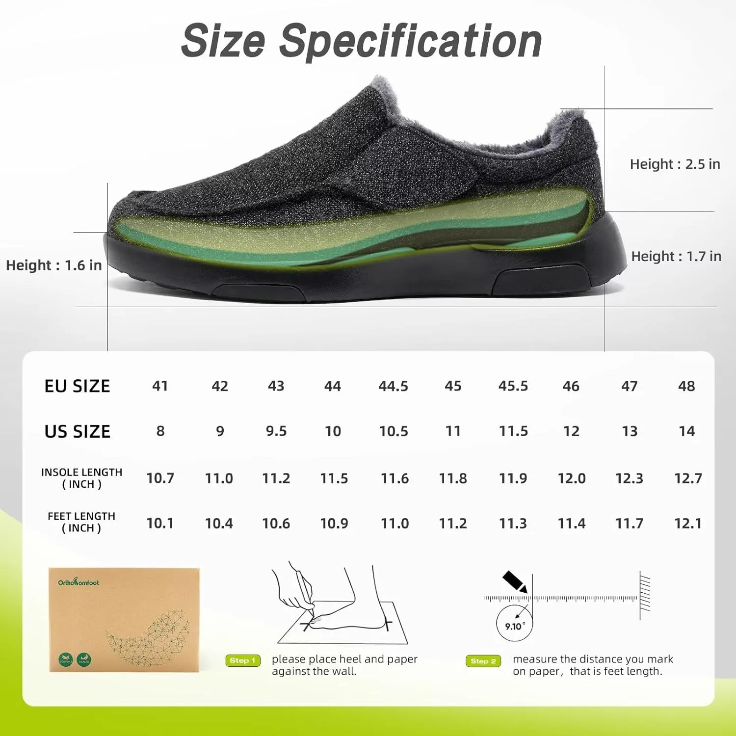 OrthoComfoot Men's Orthopedic Slippers Walking Shoes with Arch Support: Slip On Loafers for Plantar Fasciitis, Casual Flat Feet Hook and Loop Mule Clogs for Foot and Heel Pain Relief