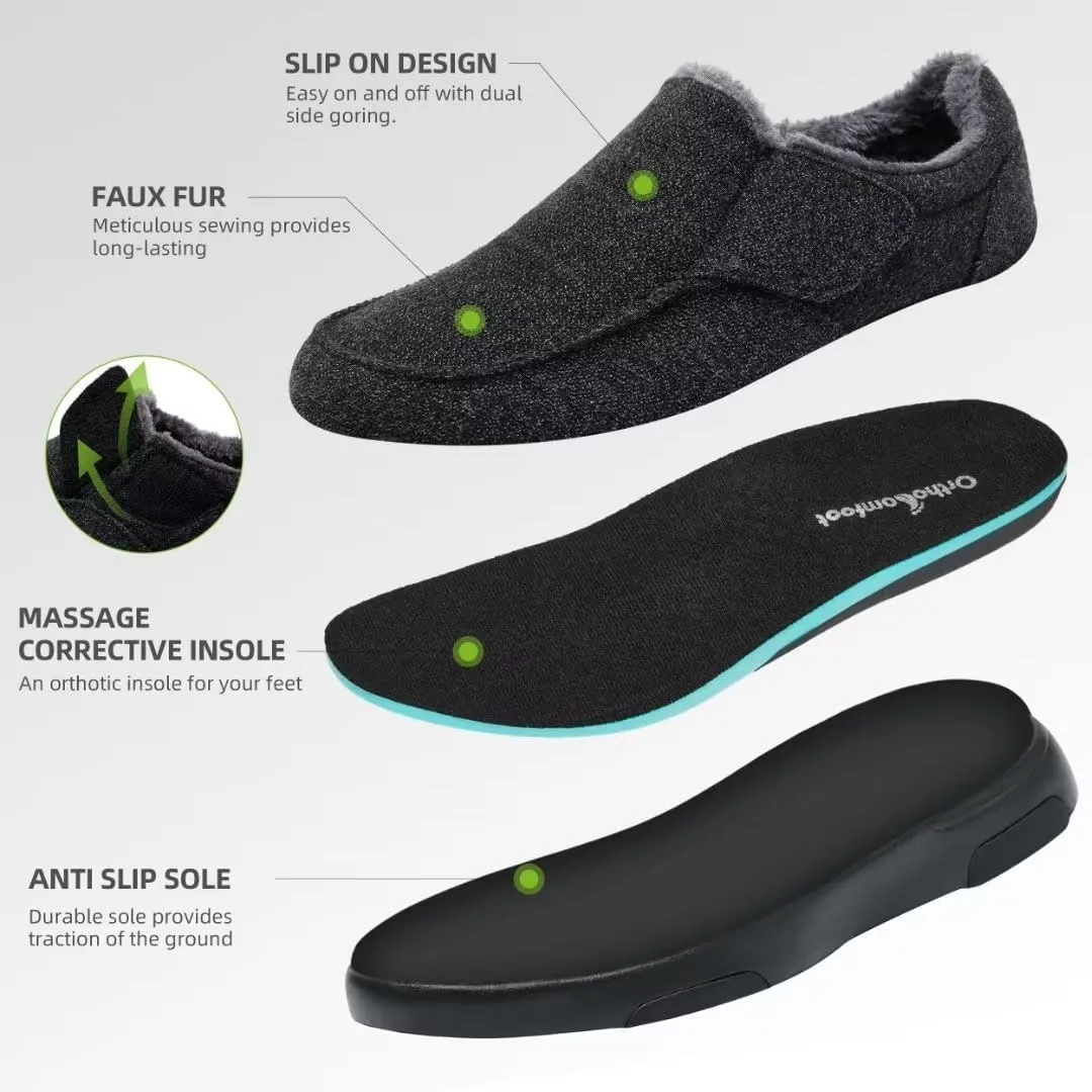 OrthoComfoot Men's Orthopedic Slippers Walking Shoes with Arch Support: Slip On Loafers for Plantar Fasciitis, Casual Flat Feet Hook and Loop Mule Clogs for Foot and Heel Pain Relief