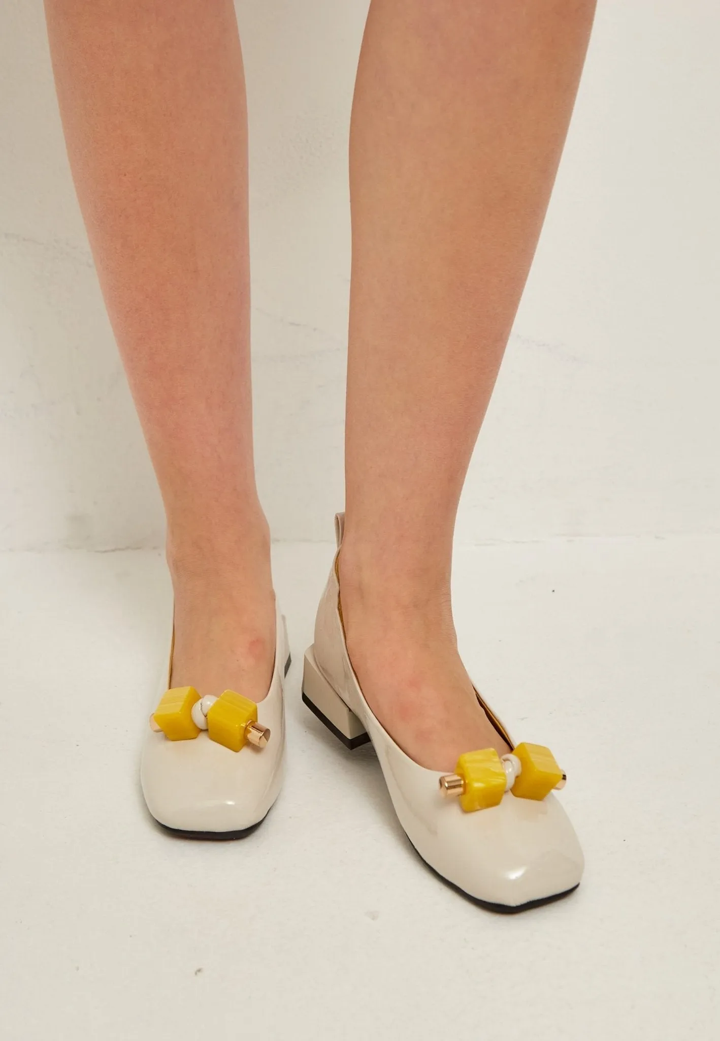 Patent Leather Embellished Ballet Flats - Ivory