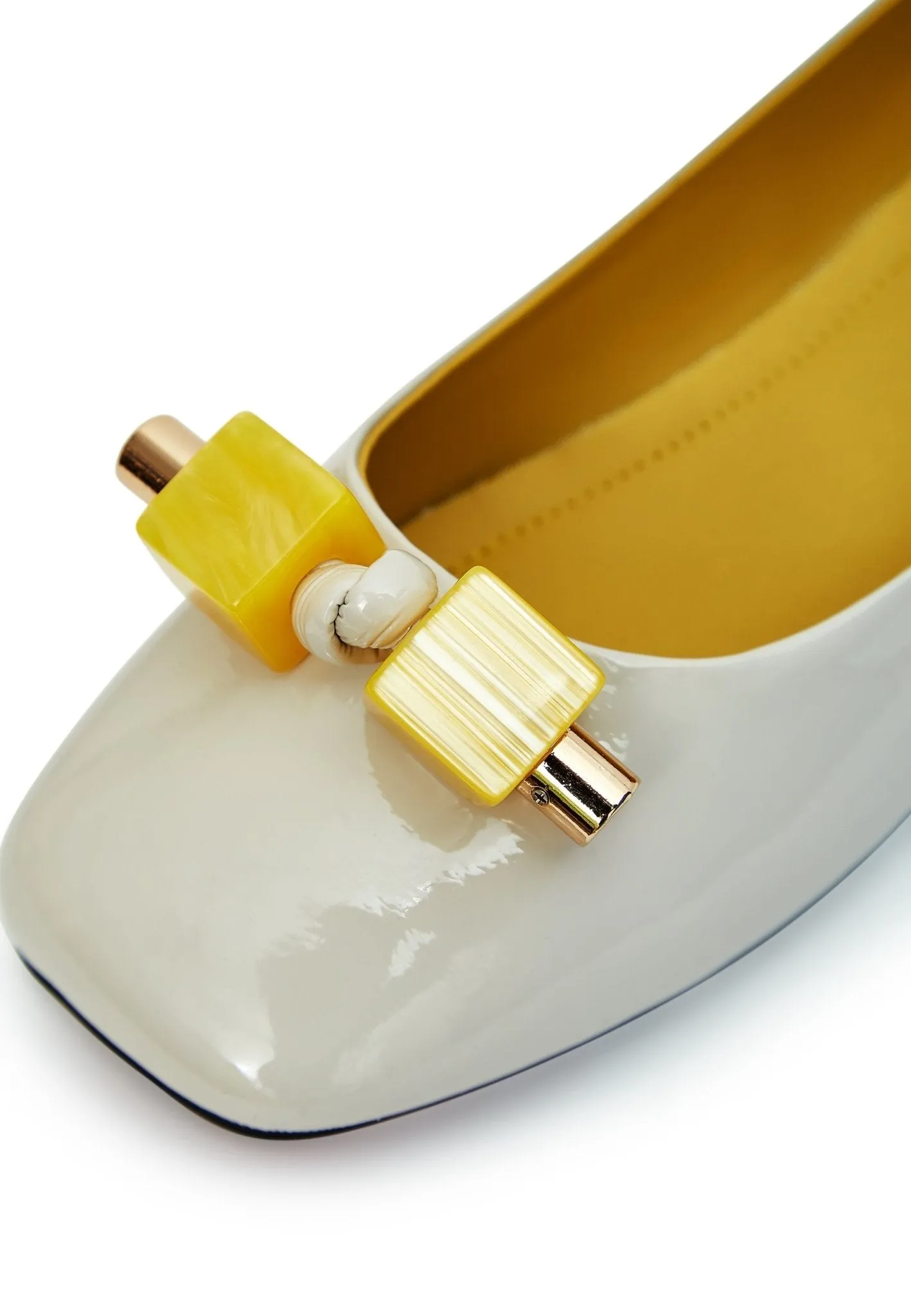 Patent Leather Embellished Ballet Flats - Ivory