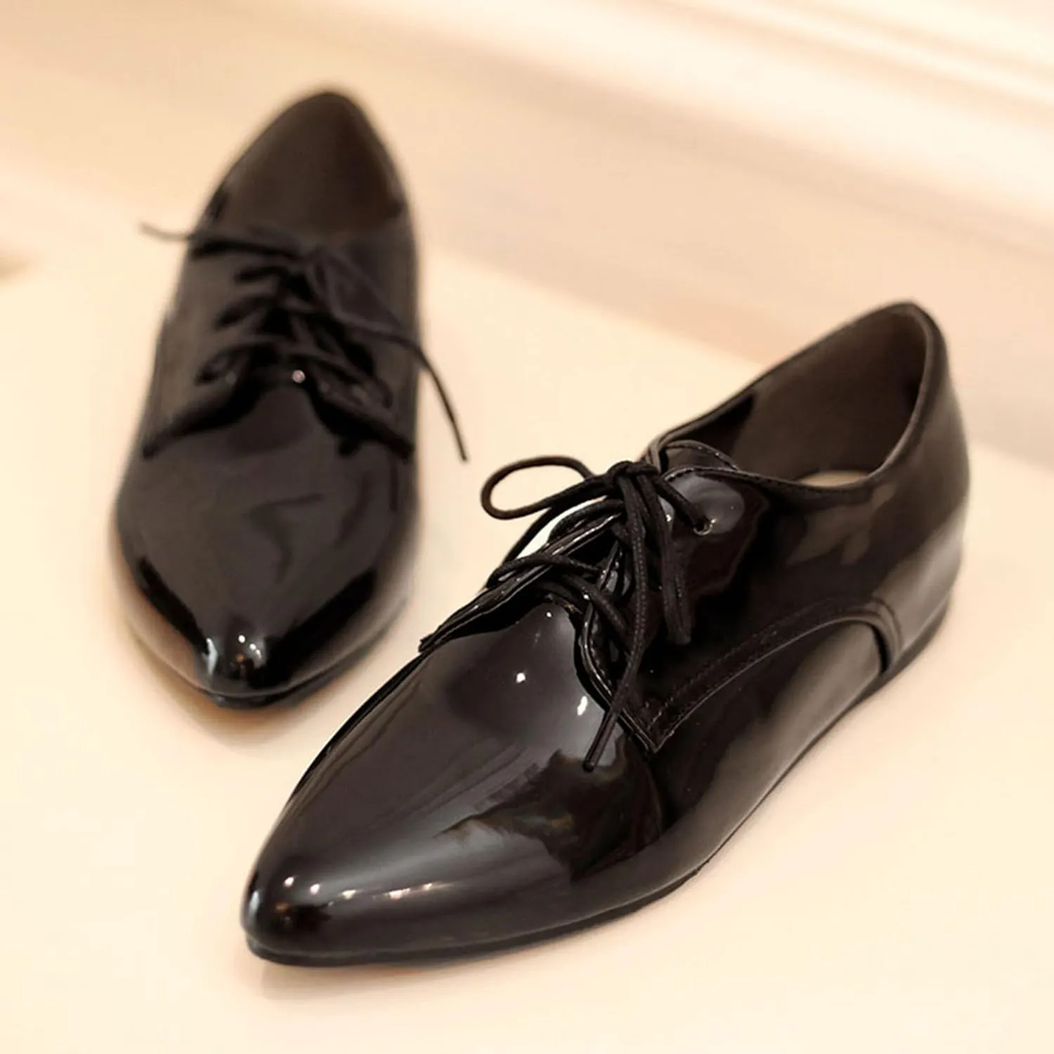 Patent Oxford Derby Women Pointed Toe Lace Up Shoes
