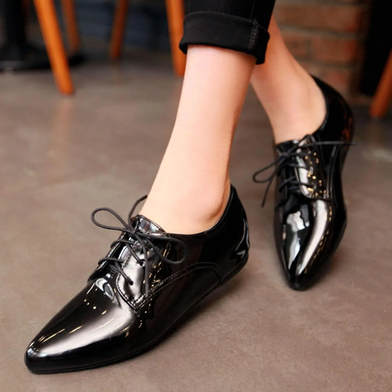 Patent Oxford Derby Women Pointed Toe Lace Up Shoes