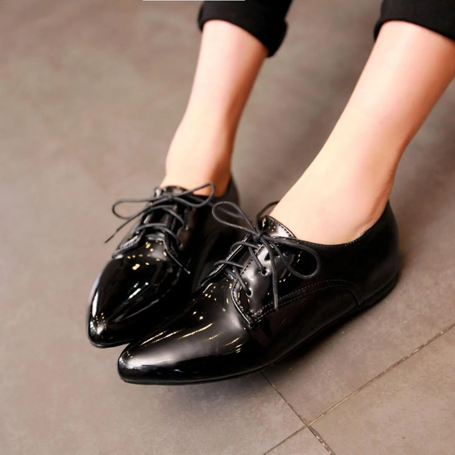 Patent Oxford Derby Women Pointed Toe Lace Up Shoes