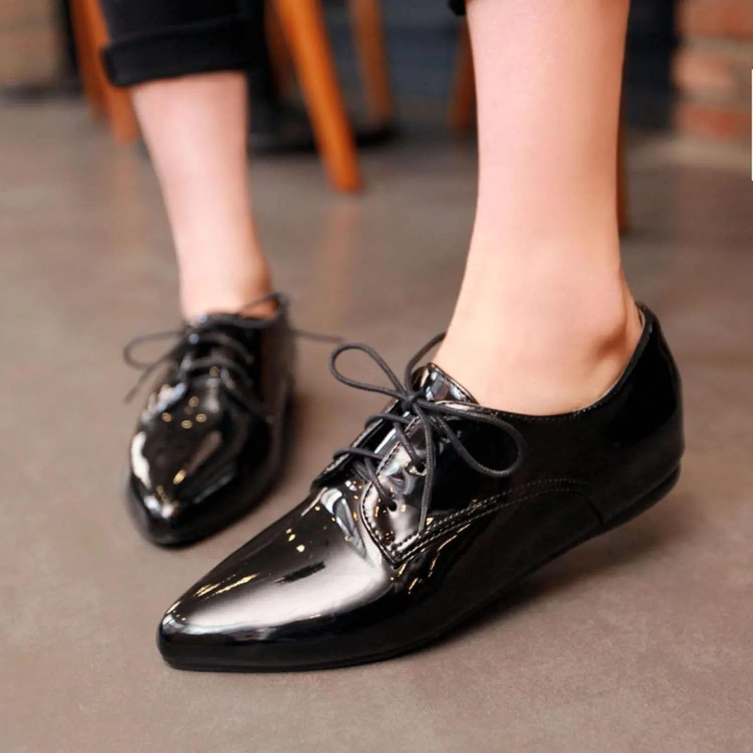 Patent Oxford Derby Women Pointed Toe Lace Up Shoes