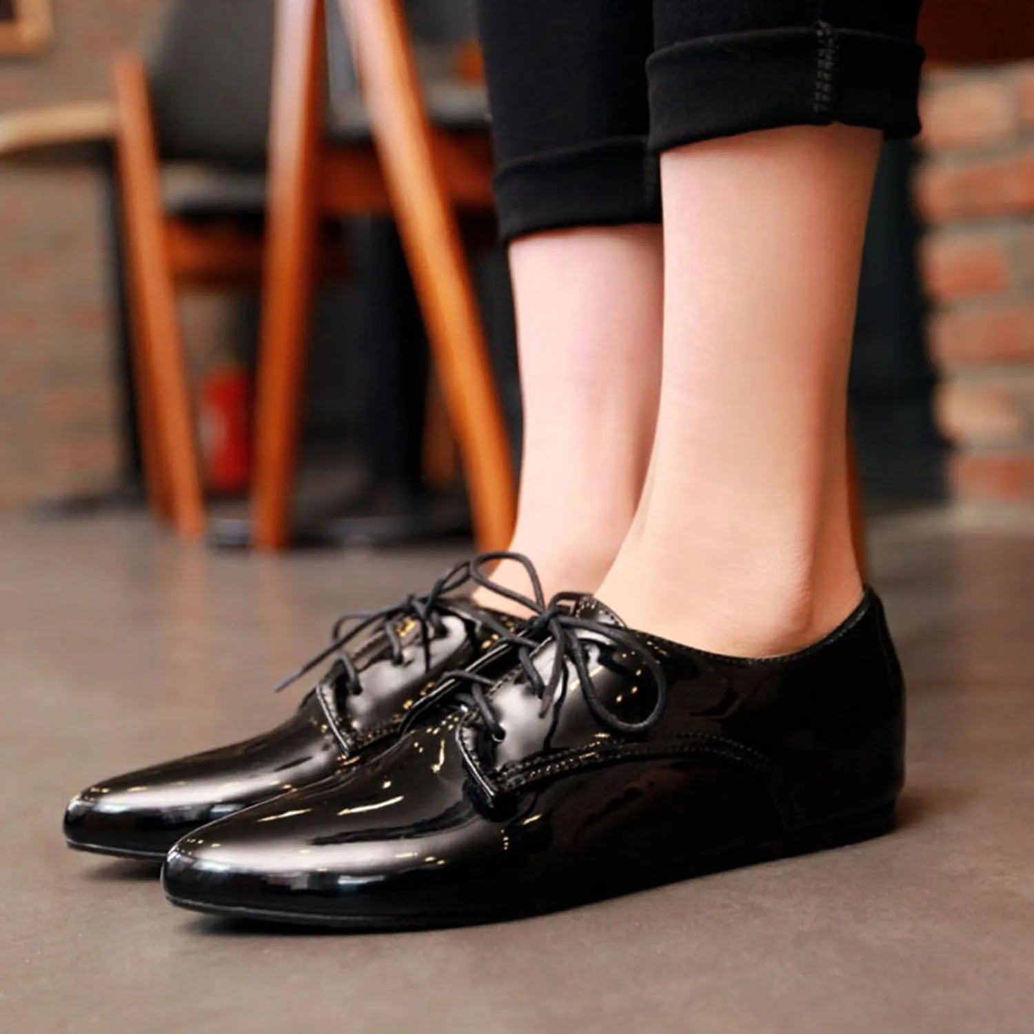 Patent Oxford Derby Women Pointed Toe Lace Up Shoes