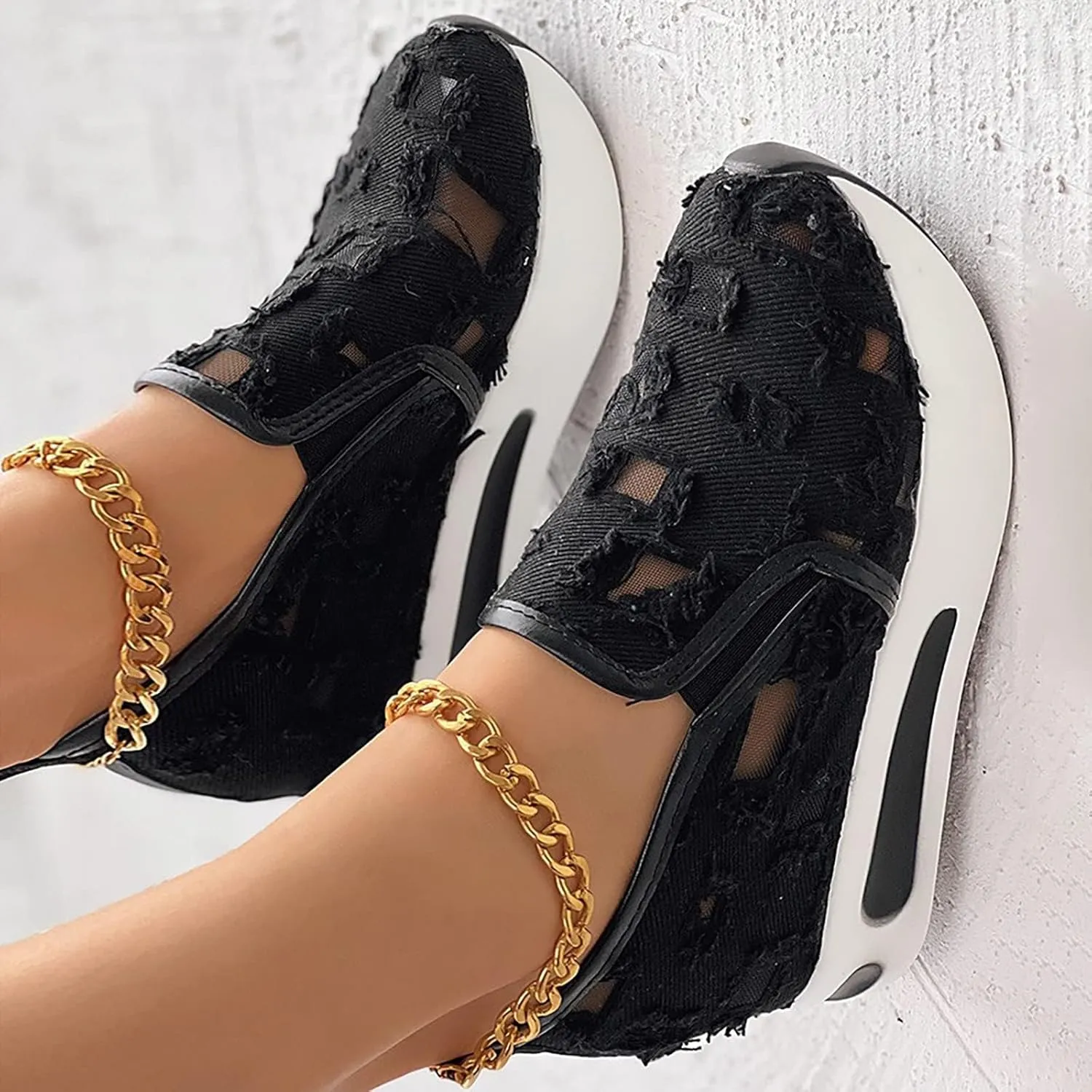 Platform Wedge Sneakers for Women Fashion Breathable Hollow Out Mesh Shoes Summer Lightweight Chunky Sole High Heels Slip on Loafers with Arch Support