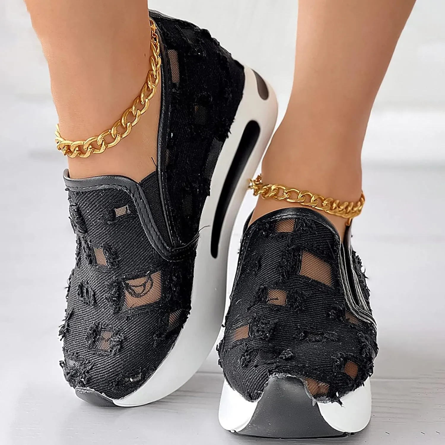 Platform Wedge Sneakers for Women Fashion Breathable Hollow Out Mesh Shoes Summer Lightweight Chunky Sole High Heels Slip on Loafers with Arch Support