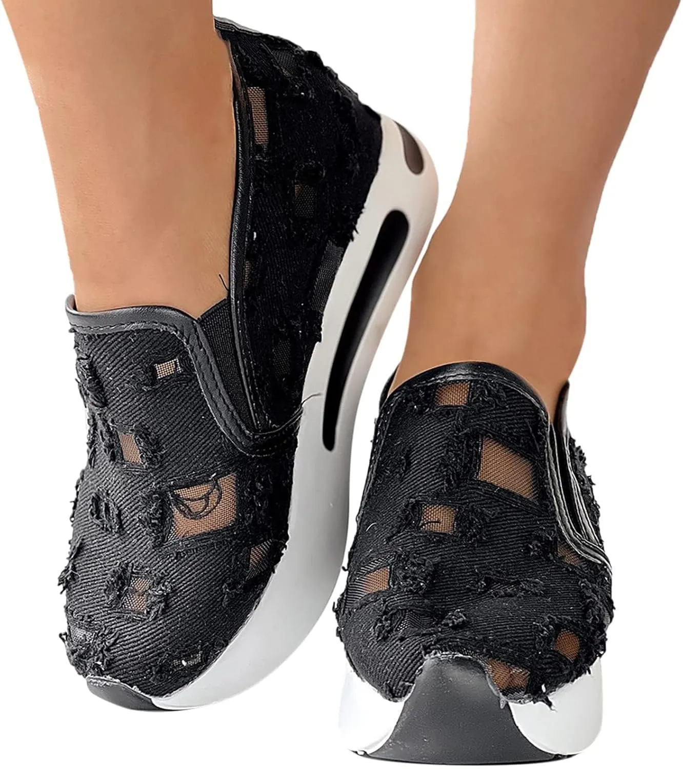 Platform Wedge Sneakers for Women Fashion Breathable Hollow Out Mesh Shoes Summer Lightweight Chunky Sole High Heels Slip on Loafers with Arch Support