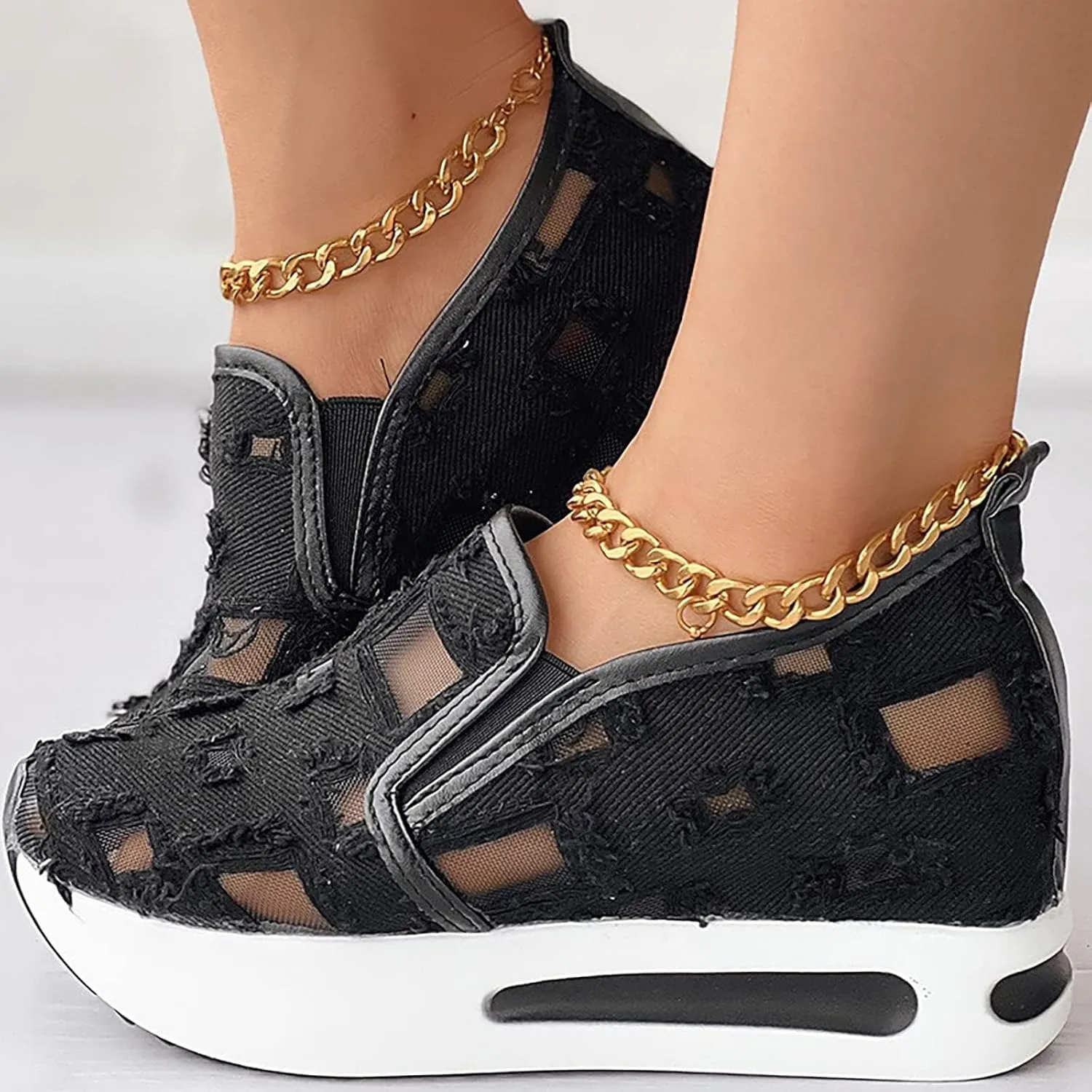Platform Wedge Sneakers for Women Fashion Breathable Hollow Out Mesh Shoes Summer Lightweight Chunky Sole High Heels Slip on Loafers with Arch Support