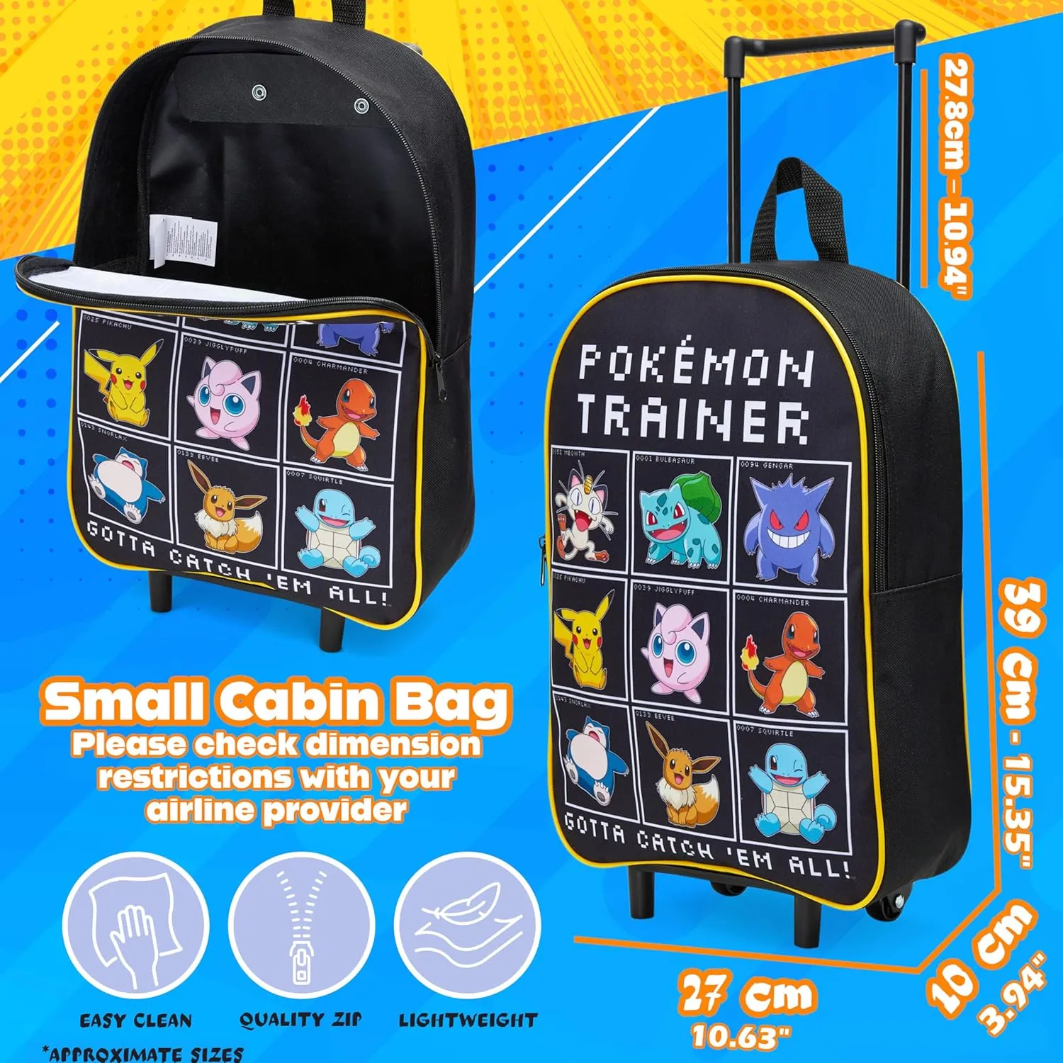 Pokemon Kids Foldable Trolley Suitcase 15”, 10.5 Litres 2 Wheels Black (S/15inch -10.5L, Black/Multi)
