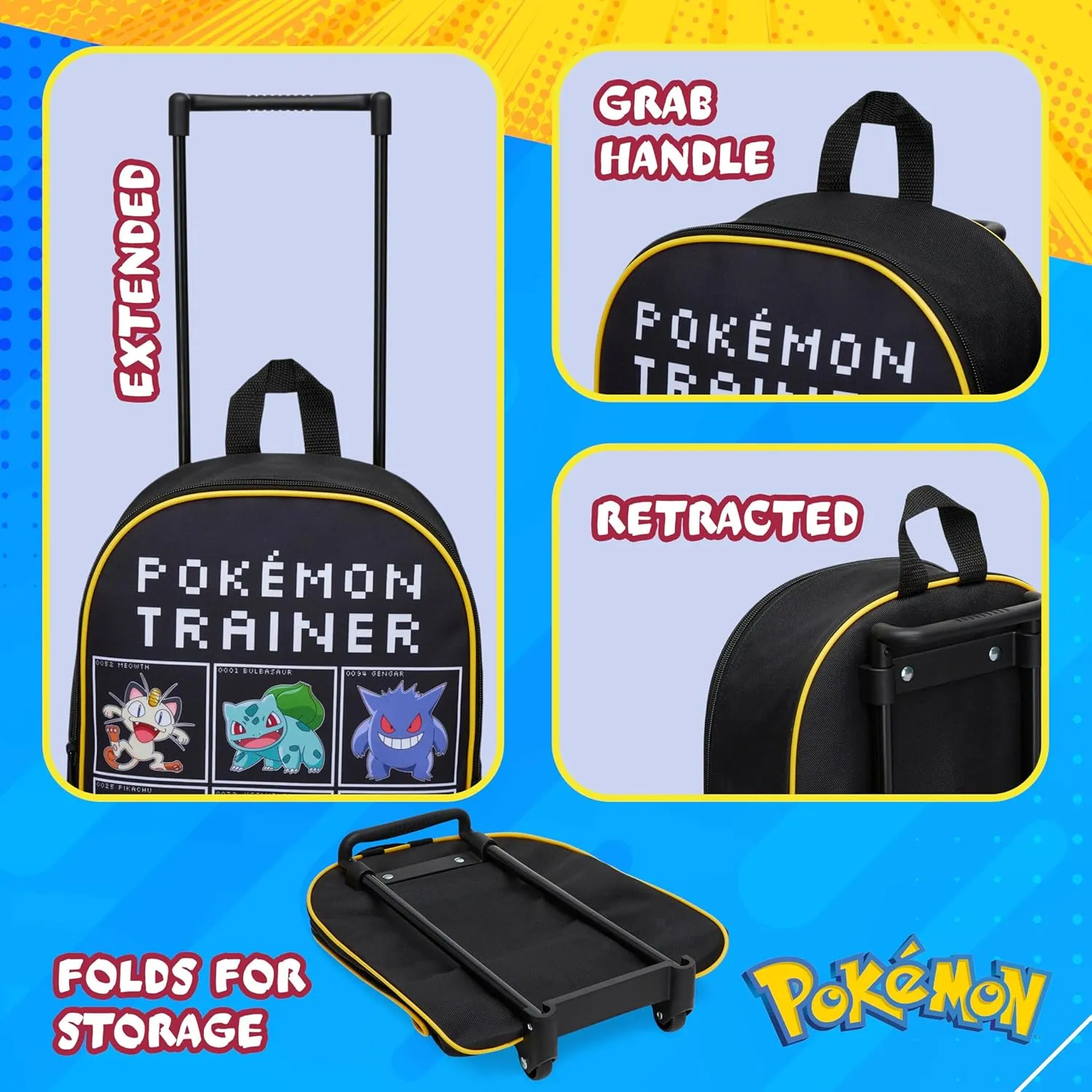 Pokemon Kids Foldable Trolley Suitcase 15”, 10.5 Litres 2 Wheels Black (S/15inch -10.5L, Black/Multi)