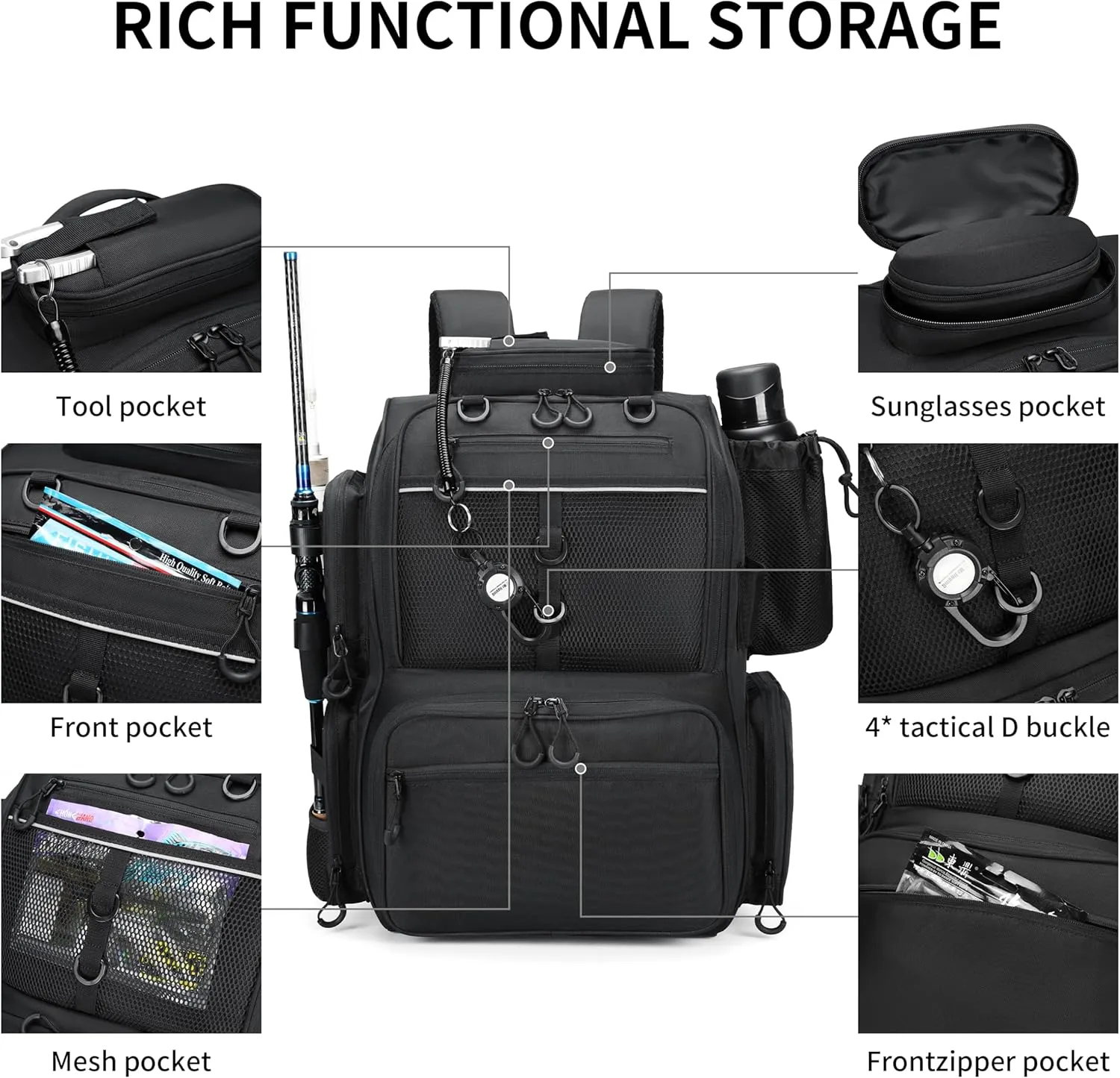 Rabjen Fishing Tackle Backpack with Rod Holders, Bottle Holder, Storage Bag Store Fishing Gear