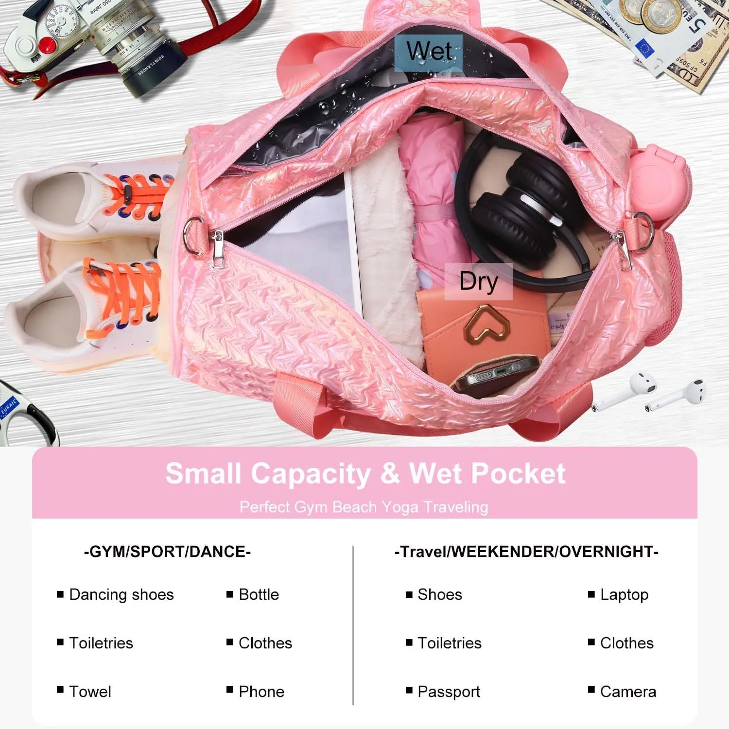 RHCPFOVR Gym Travel Duffle Bag for Girls - Gymnastics Sports Dance Bag with Shoe Compartment & Wet Pocket Panda Kids Travel Bag Teens Weekender Sleepover Carry On Bag