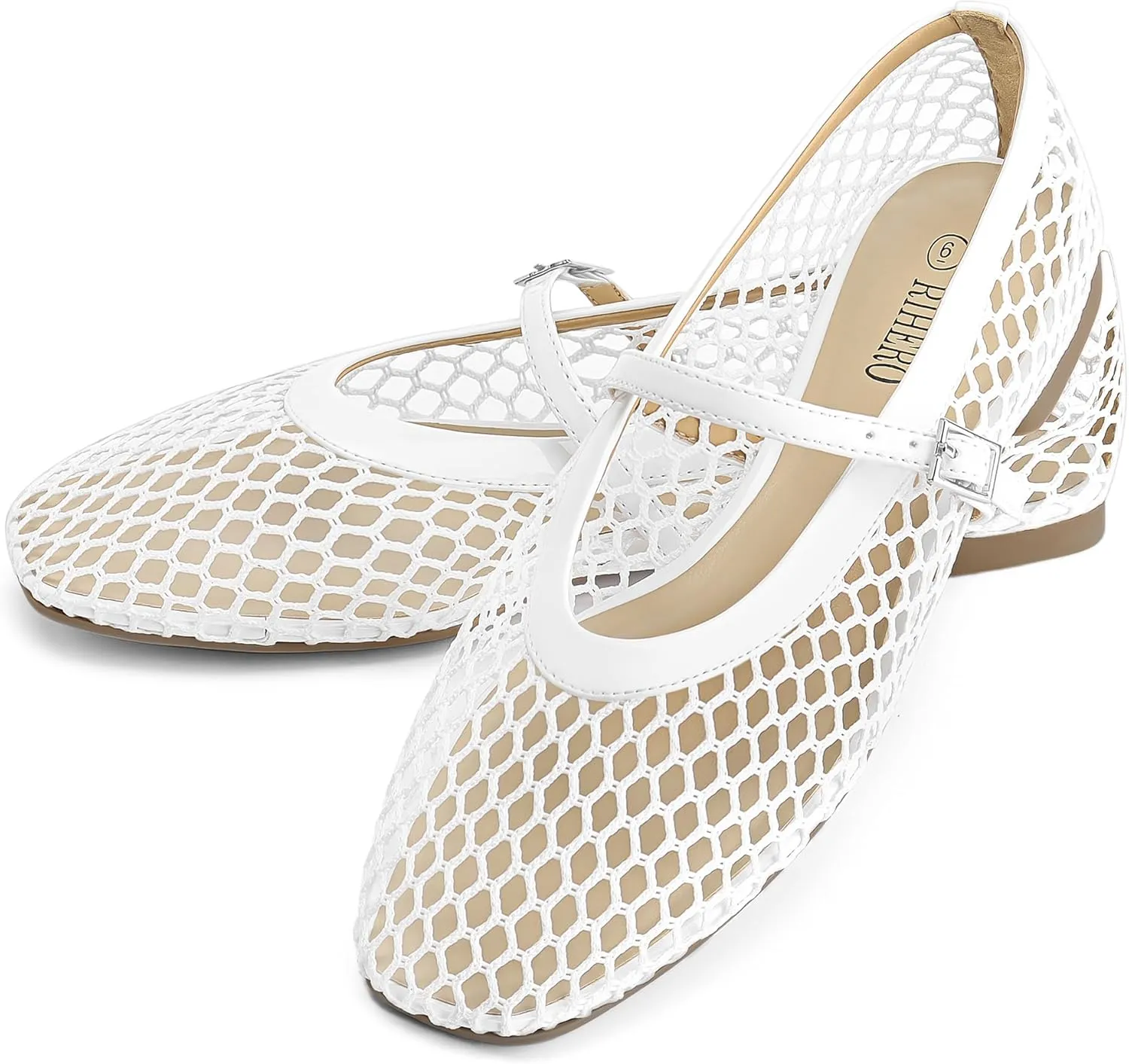 Rihero Mesh Ballet Flats for Women Comfortable Square Toe Ballerina Flats Buckle Strap Casual Fishnet Flat Shoes
