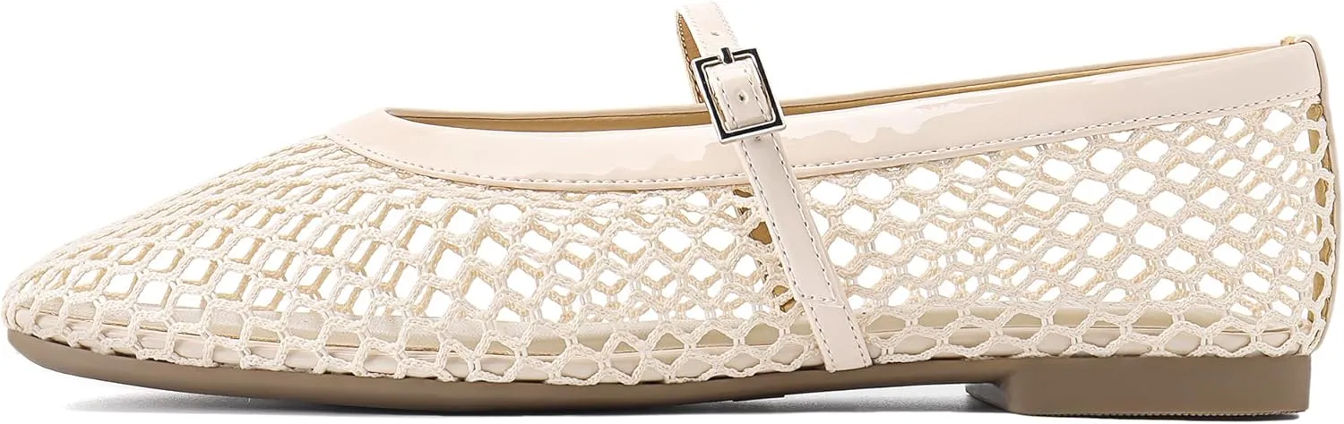 Rihero Mesh Ballet Flats for Women Comfortable Square Toe Ballerina Flats Buckle Strap Casual Fishnet Flat Shoes