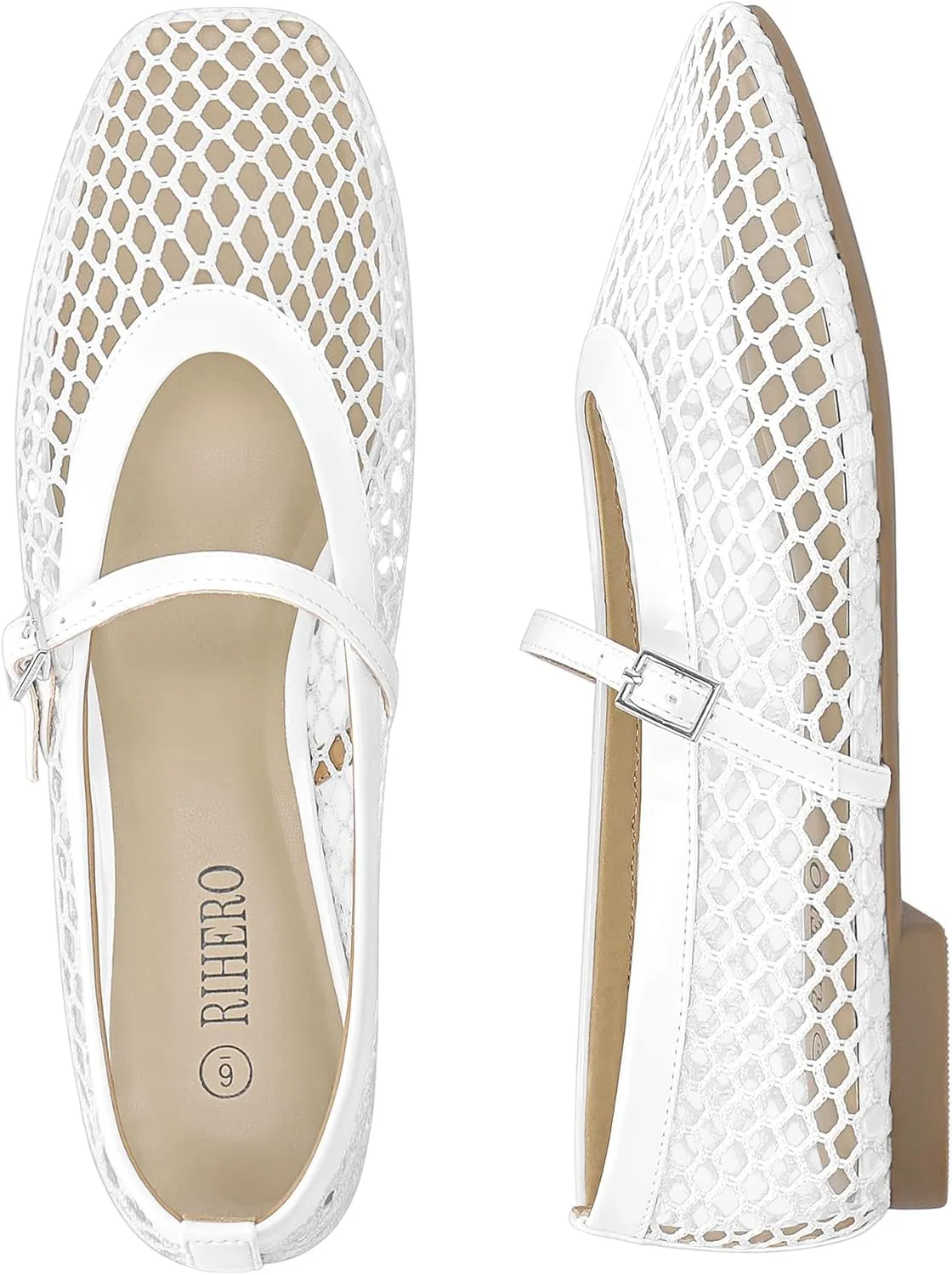 Rihero Mesh Ballet Flats for Women Comfortable Square Toe Ballerina Flats Buckle Strap Casual Fishnet Flat Shoes