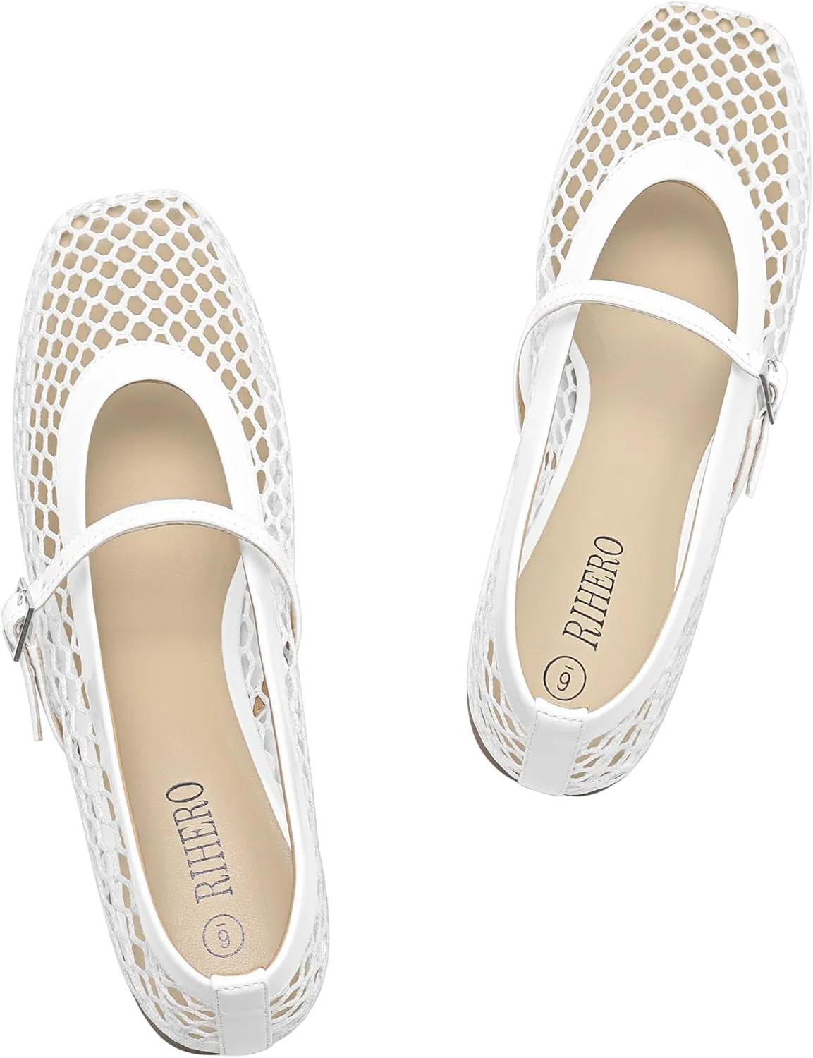 Rihero Mesh Ballet Flats for Women Comfortable Square Toe Ballerina Flats Buckle Strap Casual Fishnet Flat Shoes