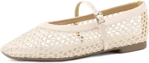 Rihero Mesh Ballet Flats for Women Comfortable Square Toe Ballerina Flats Buckle Strap Casual Fishnet Flat Shoes