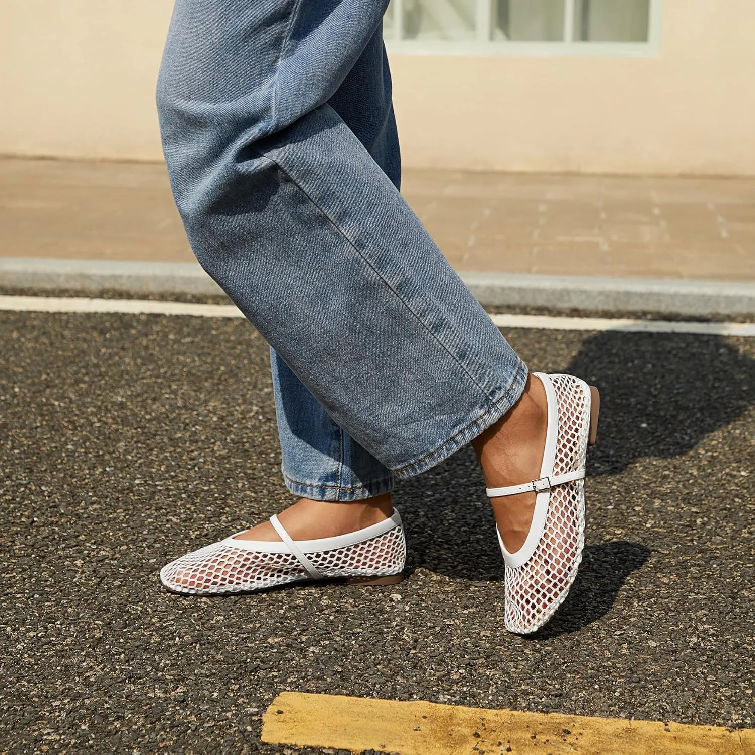 Rihero Mesh Ballet Flats for Women Comfortable Square Toe Ballerina Flats Buckle Strap Casual Fishnet Flat Shoes