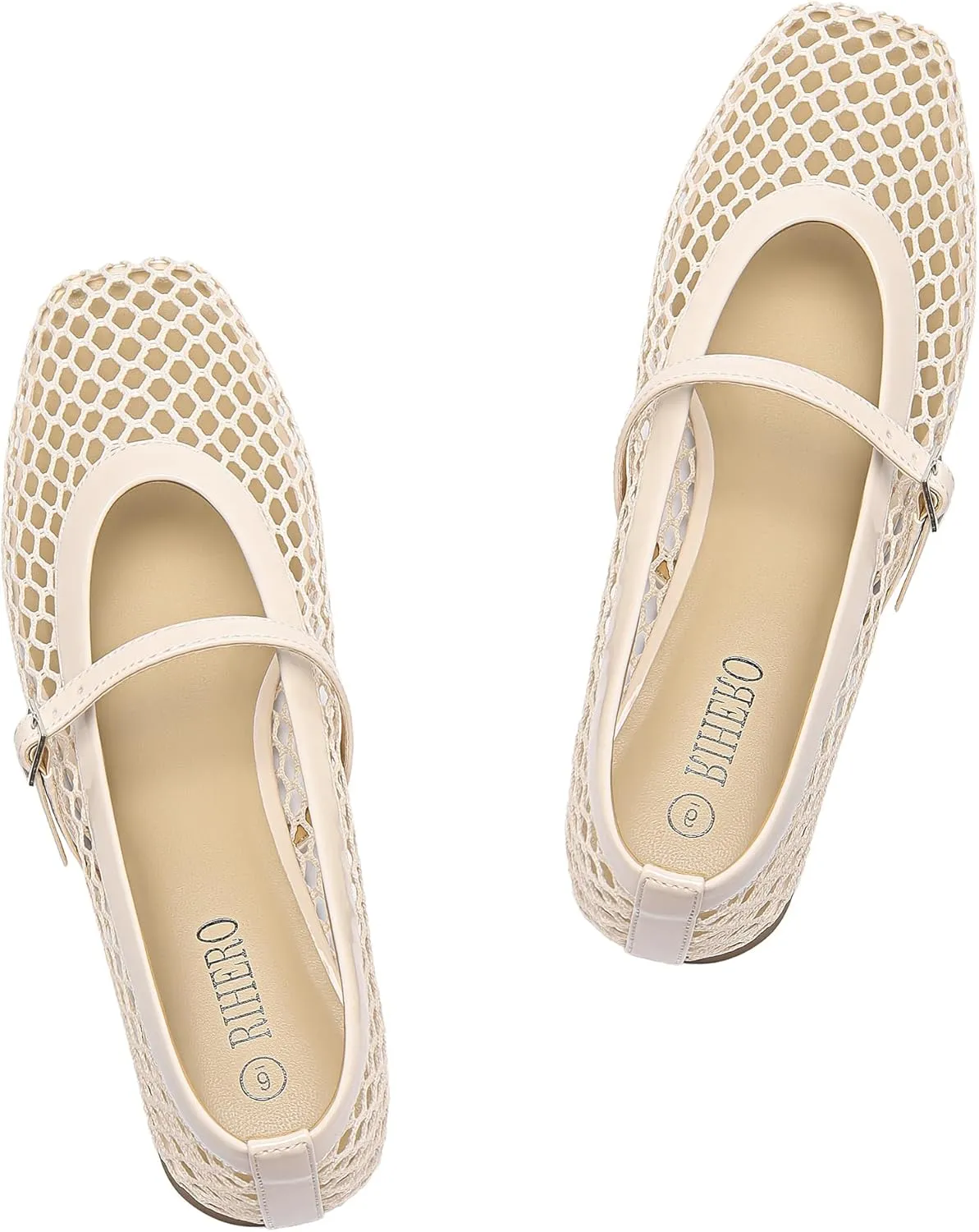 Rihero Mesh Ballet Flats for Women Comfortable Square Toe Ballerina Flats Buckle Strap Casual Fishnet Flat Shoes