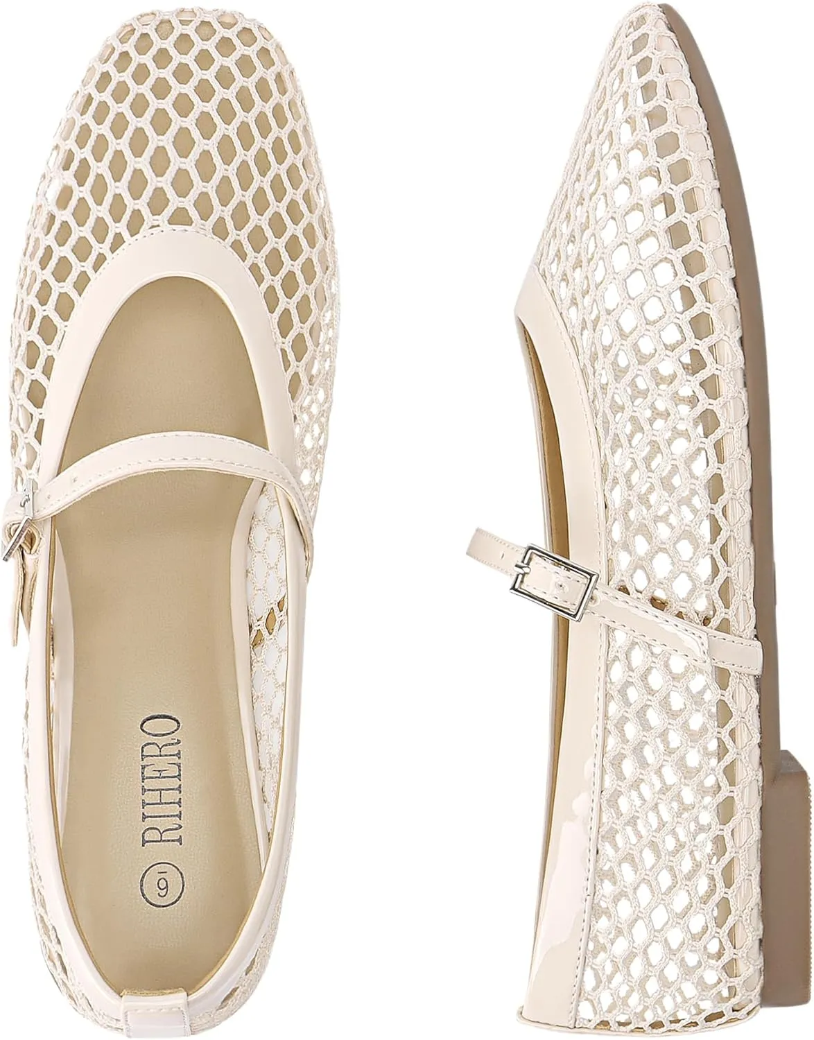 Rihero Mesh Ballet Flats for Women Comfortable Square Toe Ballerina Flats Buckle Strap Casual Fishnet Flat Shoes