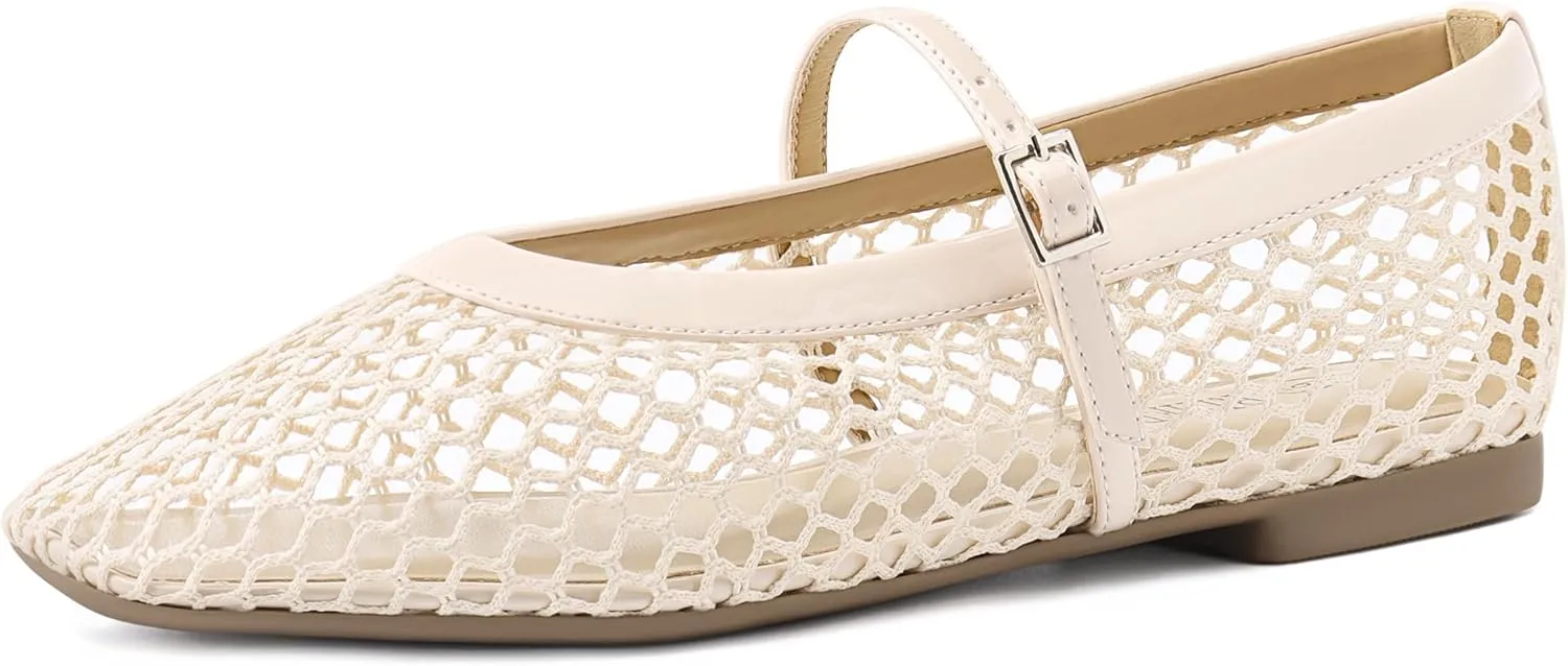 Rihero Mesh Ballet Flats for Women Comfortable Square Toe Ballerina Flats Buckle Strap Casual Fishnet Flat Shoes