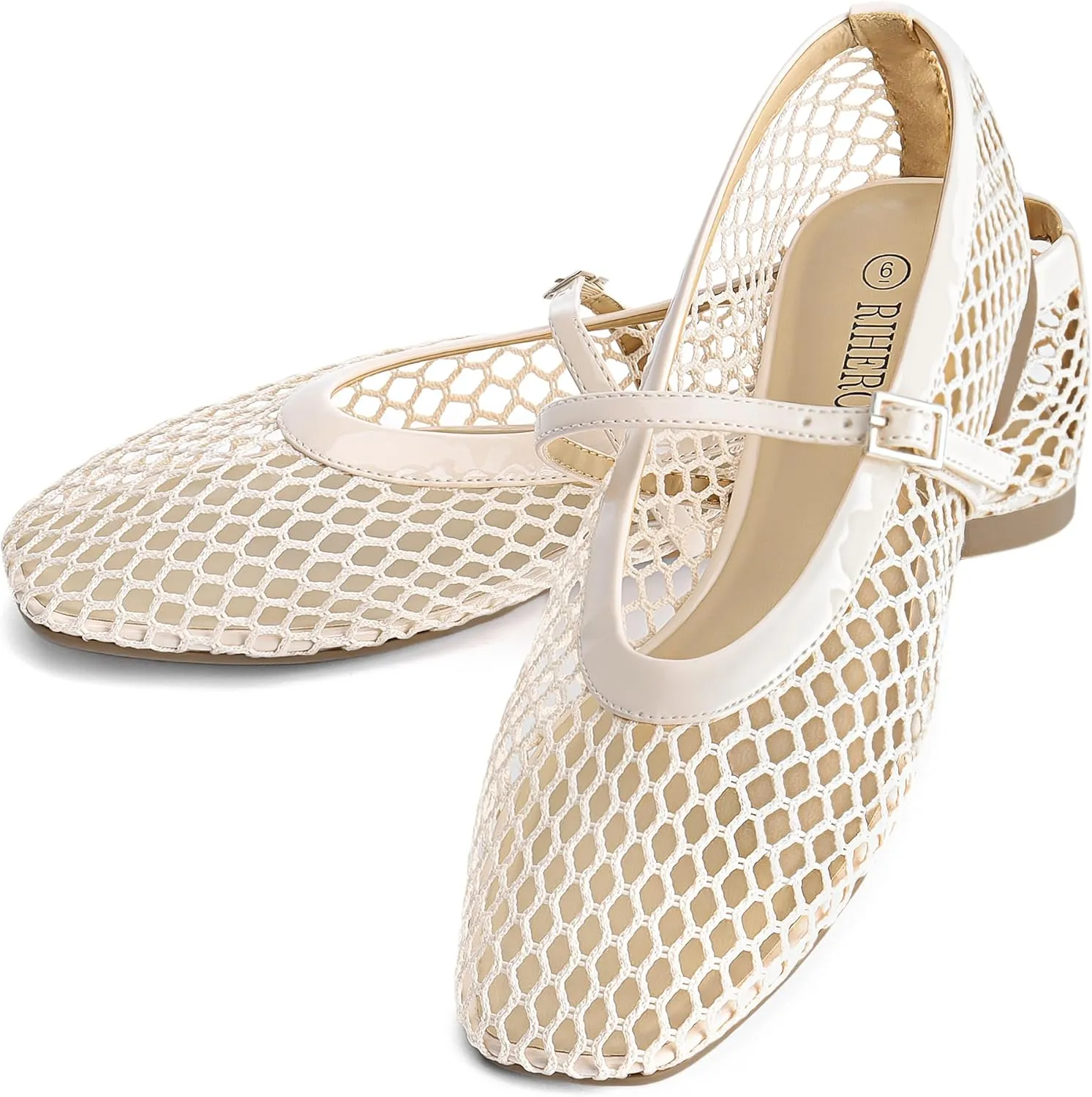 Rihero Mesh Ballet Flats for Women Comfortable Square Toe Ballerina Flats Buckle Strap Casual Fishnet Flat Shoes