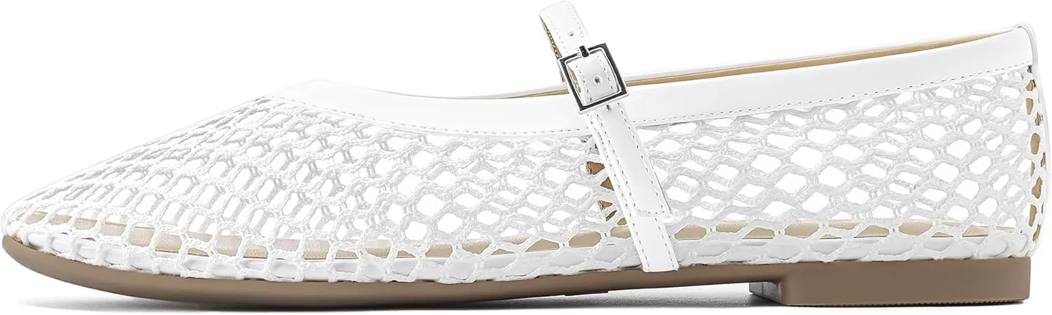 Rihero Mesh Ballet Flats for Women Comfortable Square Toe Ballerina Flats Buckle Strap Casual Fishnet Flat Shoes